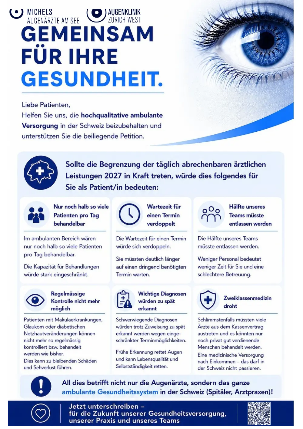 Poster promoting high-quality ambulatory health care in Switzerland; large blue text and a prominent blue eye on the right.